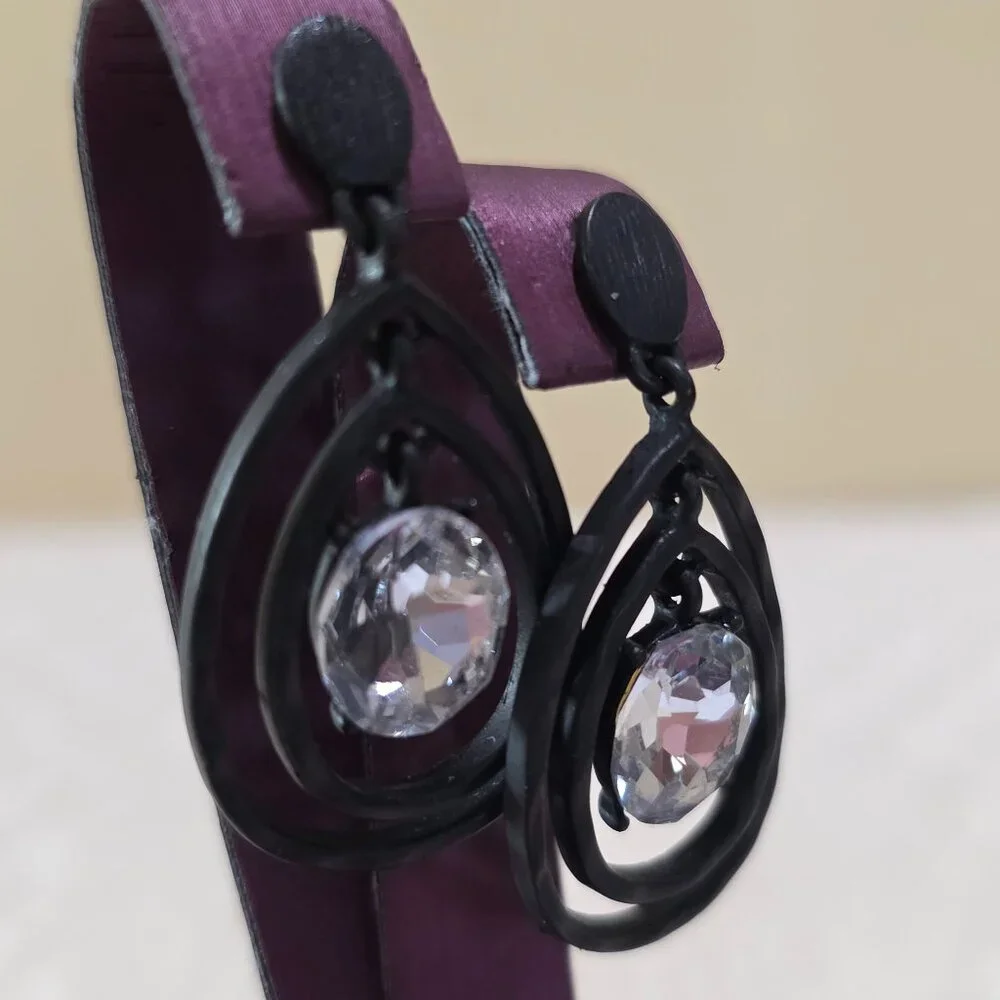 Matte Black Metal Two Teardrop Large Center Rhinestone Dangle Pierced Earrings